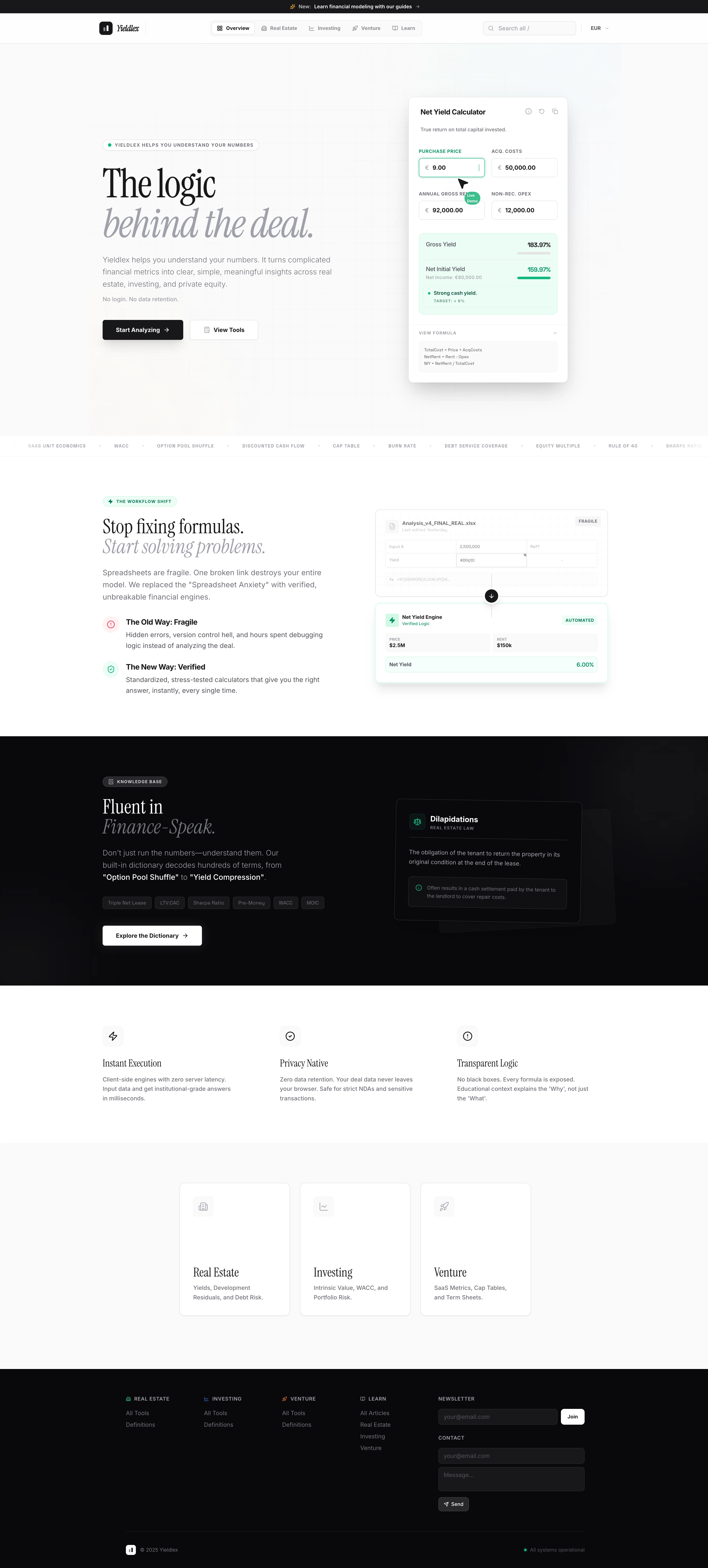 Yieldlex financial calculator dashboard showing real estate valuation tools and investment metrics