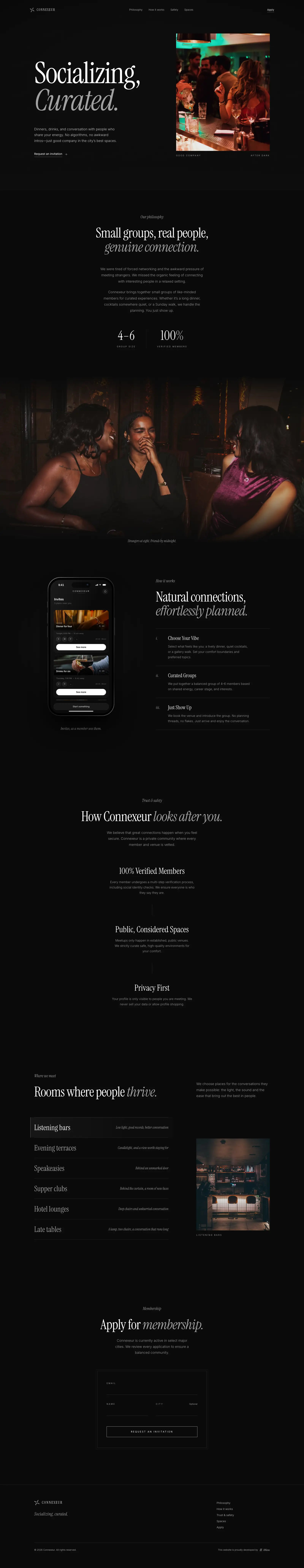 Connexeur membership platform showing curated small-group meetup recommendations