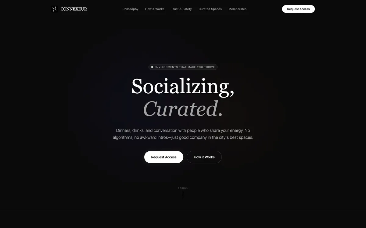 Connexeur membership platform showing curated small-group meetup recommendations
