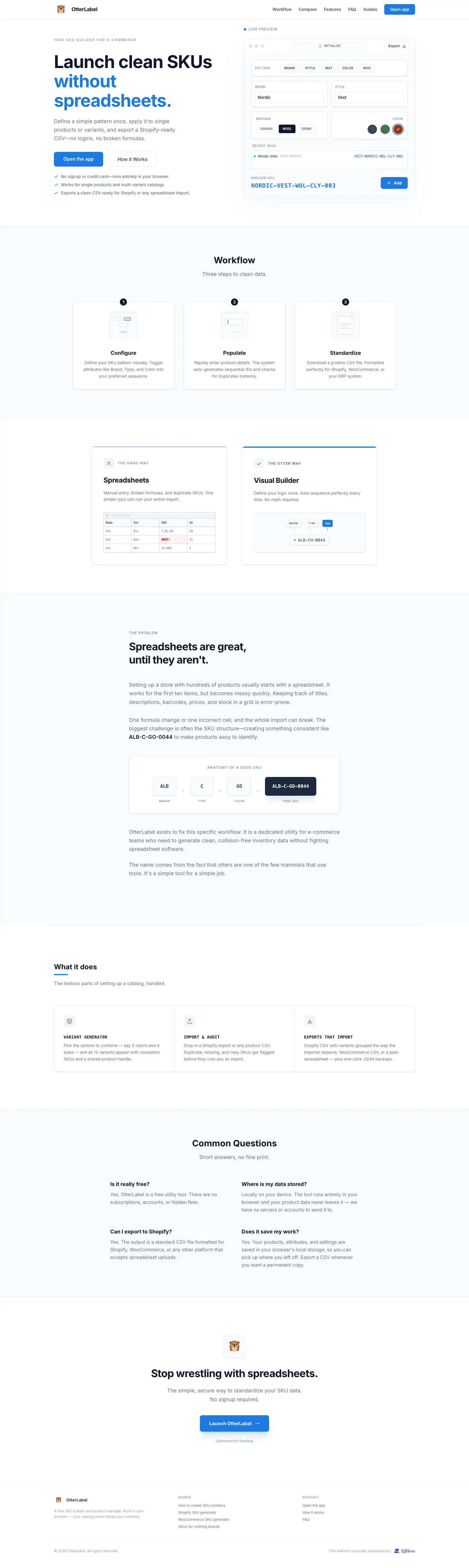 Otterlabel SKU builder interface with visual pattern system for e-commerce product management