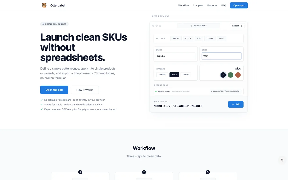 Otterlabel SKU builder interface with visual pattern system for e-commerce product management