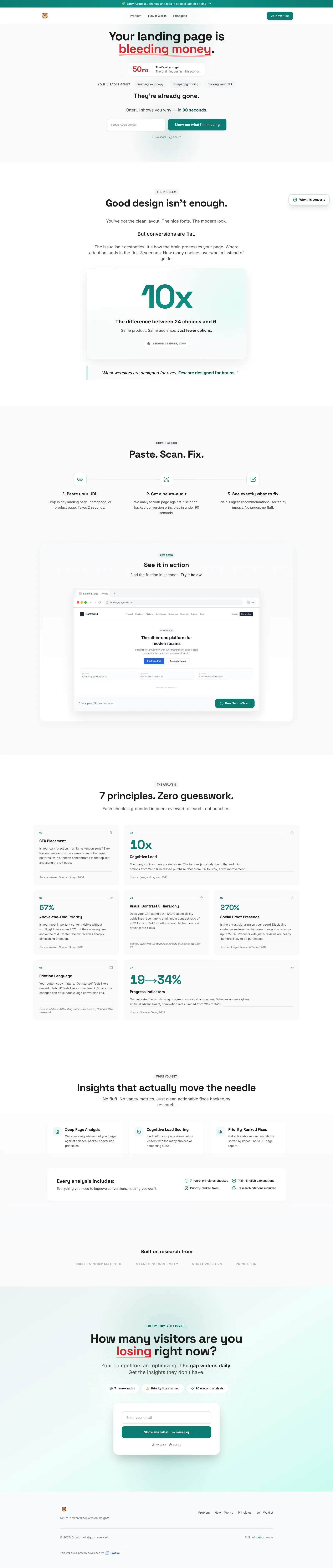 OtterUI neuromarketing analyzer displaying landing page audit results with conversion insights