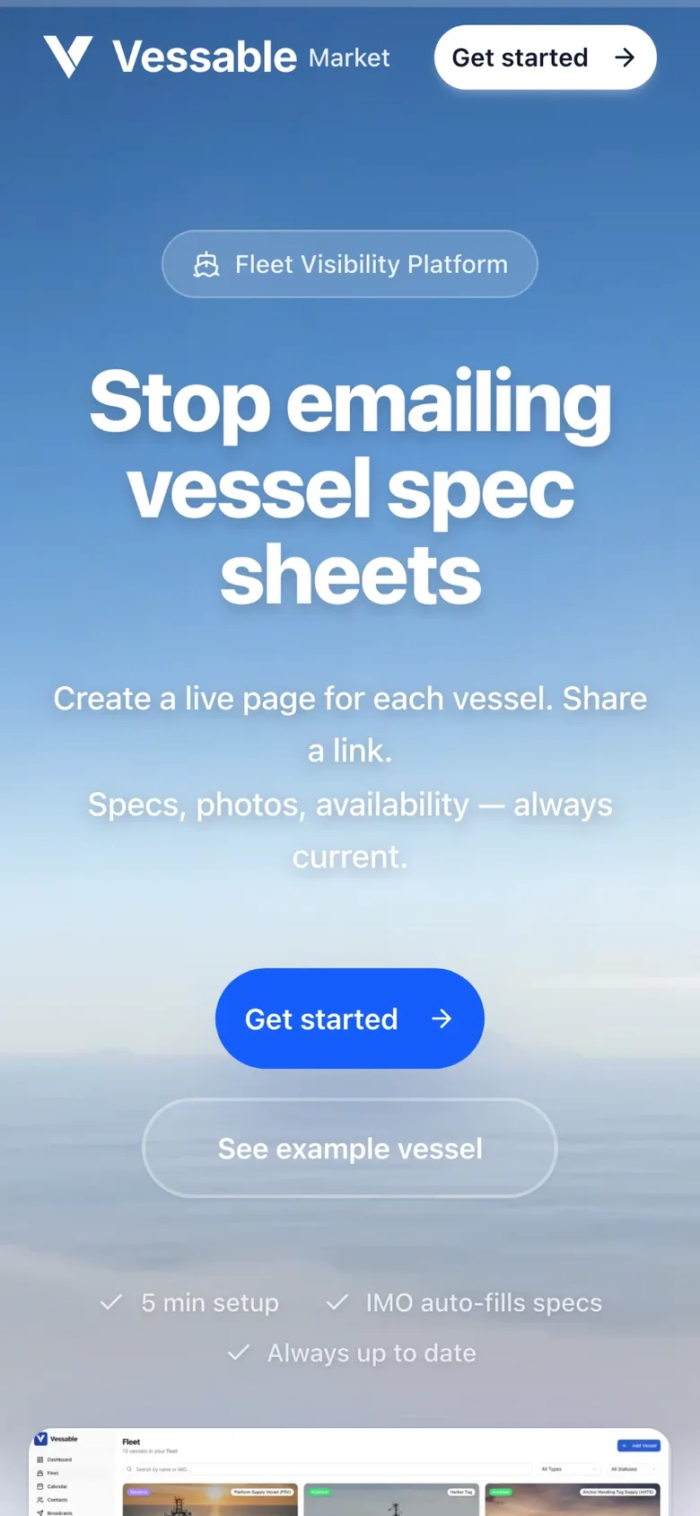 Vessable fleet visibility platform showing live vessel pages with specs and availability