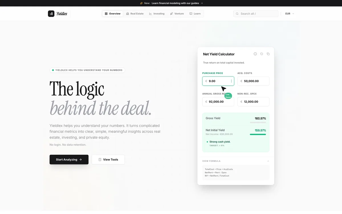 Yieldlex financial calculator dashboard showing real estate valuation tools and investment metrics